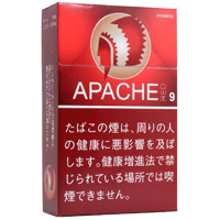 Apache Red参考包装：红色盒面顶部有侧脸剪影，APACHE字样横排