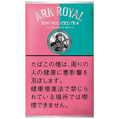 Ark Royal Berry Rose Iced Tea 30g参考包装：粉红与青绿左右分色，BERRY ROSE ICED TEA位于弧形字标下，圆框人物握着船舵