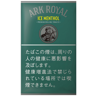 Ark Royal Ice Menthol 30g参考包装：深绿色袋面，黄色ICE MENTHOL与灰色人物圆框，警示区使用白字
