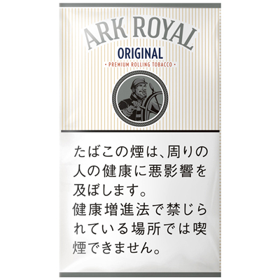 Ark Royal Original 30g参考包装：米白色细竖纹上半区，蓝字ORIGINAL及人物圆框，下半白底黑字警示