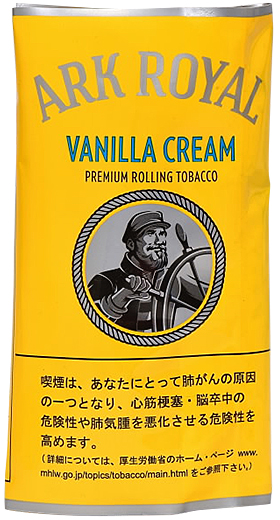 Ark Royal Vanilla Cream 30g参考包装：亮黄色袋面，蓝色VANILLA CREAM，人物圆框与下方警示区用黑线分开