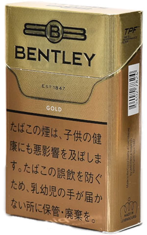 Bentley Gold参考包装：金色长盒以翼形B标、BENTLEY、GOLD与TPF字样纵向排列