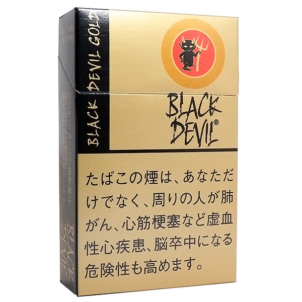 Black Devil Gold Special参考包装：金色盒面配黑色竖带，红色圆章内有角形人物，正面为BLACK DEVIL