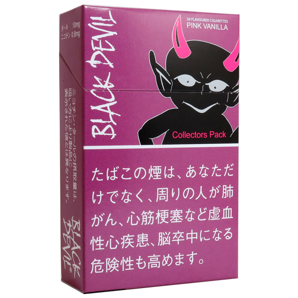 Black Devil Pink Vanilla参考包装：粉紫盒面有大幅黑色角形人物，右上PINK VANILLA，侧边竖排品牌