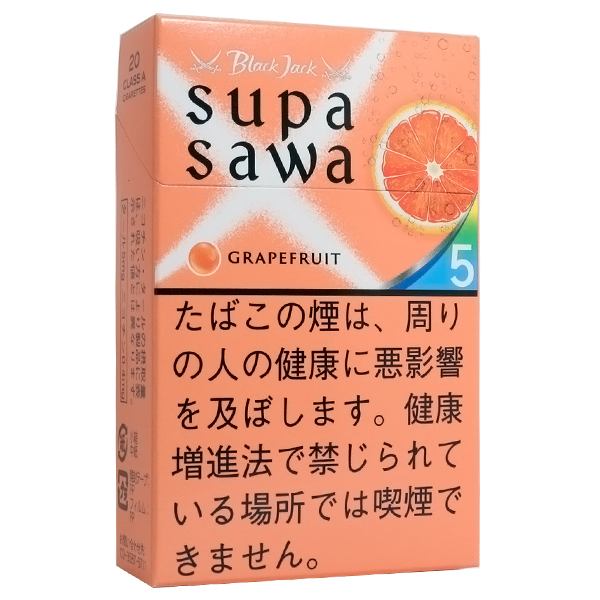Black Jack Supasawa Grapefruit 5参考包装：橙粉盒上有切开的果实图，GRAPEFRUIT与蓝底5位于中部