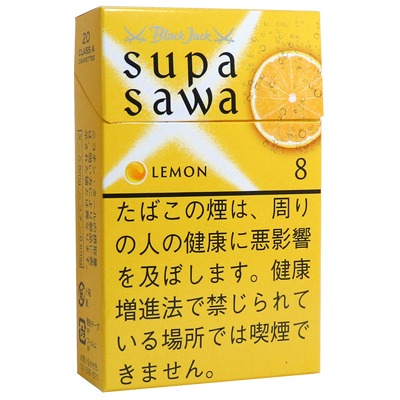 Black Jack Supasawa Lemon 8参考包装：黄色盒上有圆形柠檬片，LEMON右侧为黑色8