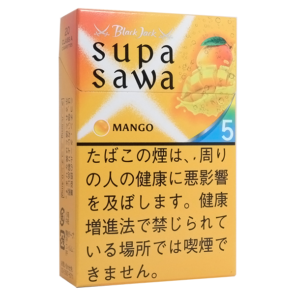 Black Jack Supasawa Mango 5参考包装：橙黄底上绘有切块芒果，MANGO旁为蓝底5