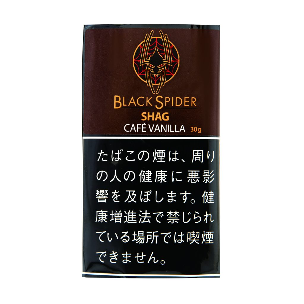 Black Spider Cafe Vanilla 30g参考包装:深棕色上半区,白字CAFÉ VANILLA,30g位于右侧,下半黑色