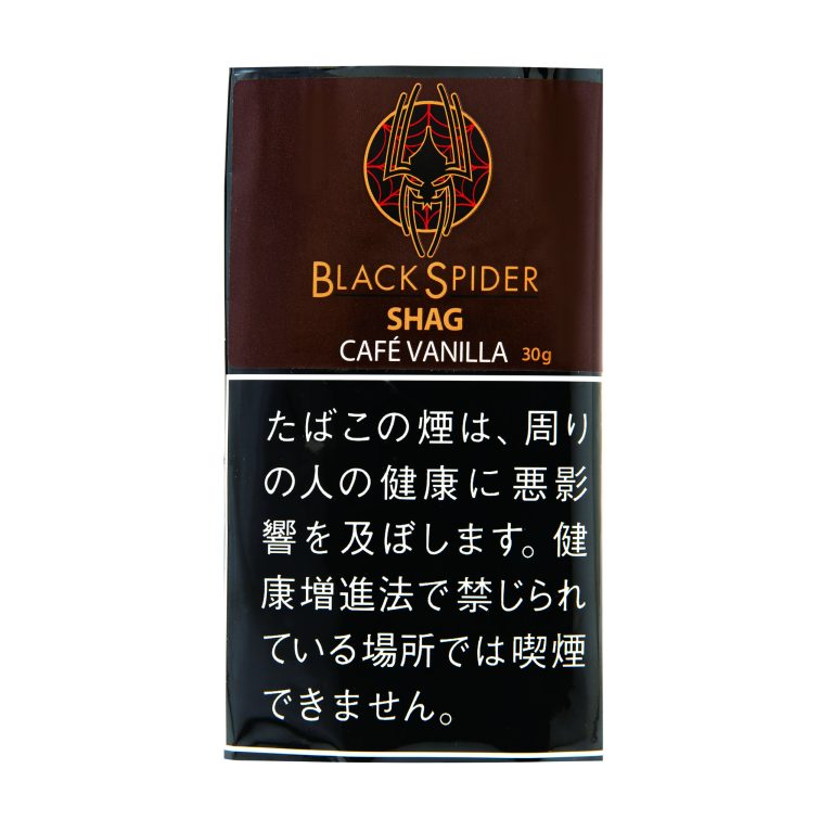 Black Spider Cafe Vanilla 30g参考包装：深棕色上半区，白字CAFÉ VANILLA，30g位于右侧，下半黑色