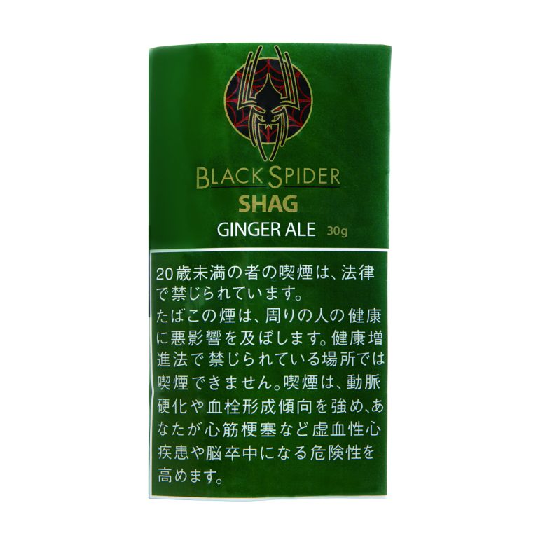 Black Spider Ginger Ale 30g参考包装：整幅绿色袋面，GINGER ALE与30g横排，日文警示同样位于绿色底上