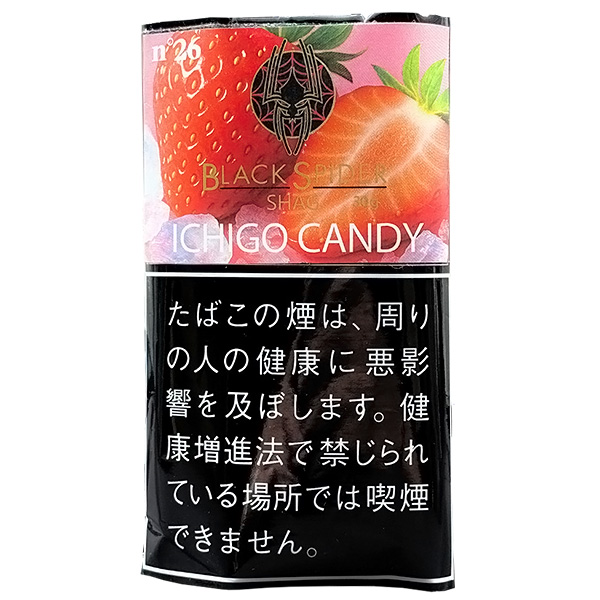 Black Spider Ichigo Candy 30g参考包装：粉红底与草莓图案，正面写ICHIGO CANDY，左上角为n°26