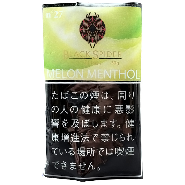 Black Spider Melon Menthol 30g参考包装：浅绿袋面带瓜果图像，白字MELON MENTHOL位于警示区上方，左上n°27