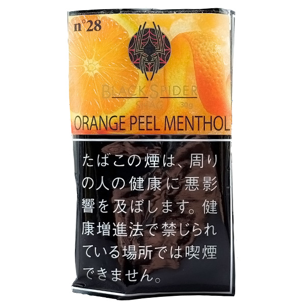 Black Spider Orange Peel Menthol 30g参考包装：橙色袋面叠加橙子图像，黑字ORANGE PEEL MENTHOL横排，左上n°28