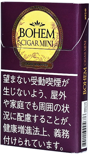 Bohem Cigar Mini Super Slim Sepia参考包装:紫褐盒面顶部为金色椭圆标记,下方日文警示用白字
