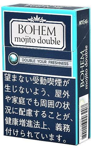 Bohem Cigar Mojito Double参考包装:深蓝与青色边框,BOHEM mojito double为主体,侧边KT&G