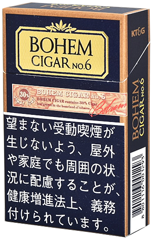 Bohem Cigar No.6参考包装:深色盒面配金色边框,BOHEM CIGAR NO.6置于盾框内,侧边有KT&G