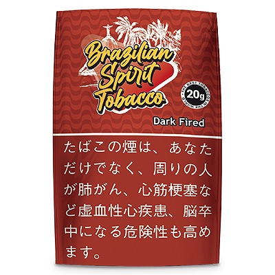 Brazilian Spirit Dark Fired 20g参考包装：红色波纹袋面，黄色手写风品牌字标，下方写Dark Fired，黑色圆标写20g