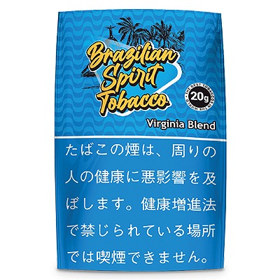 Brazilian Spirit Virginia Blend 20g参考包装：蓝色波纹袋面，品牌字标与棕榈剪影居中，Virginia Blend位于右侧，圆标写20g