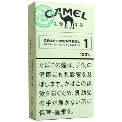 Camel Craft Menthol 1 100s BOX参考包装：浅绿色盒面出现MENTHOL、1与100s，骆驼与橙色章可见