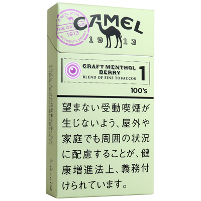Camel Craft Menthol Berry Capsule 1 100s BOX参考包装：浅绿盒面有紫色圆点，BERRY、1和100s共同构成辨识标记