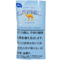 Camel Lights Shag 25g参考包装：浅蓝色小袋上有骆驼轮廓和LIGHTS字样，下部为白色日文警示