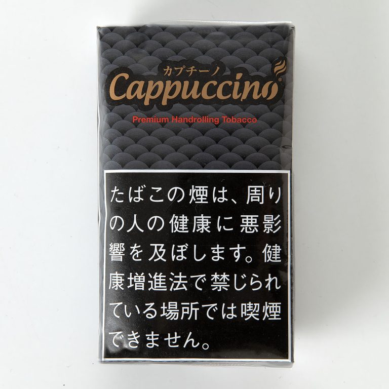Cappuccino 40g参考包装：黑色袋面有层叠鳞片状弧纹，金色斜体Cappuccino居中，不见Choco或Vanilla后缀