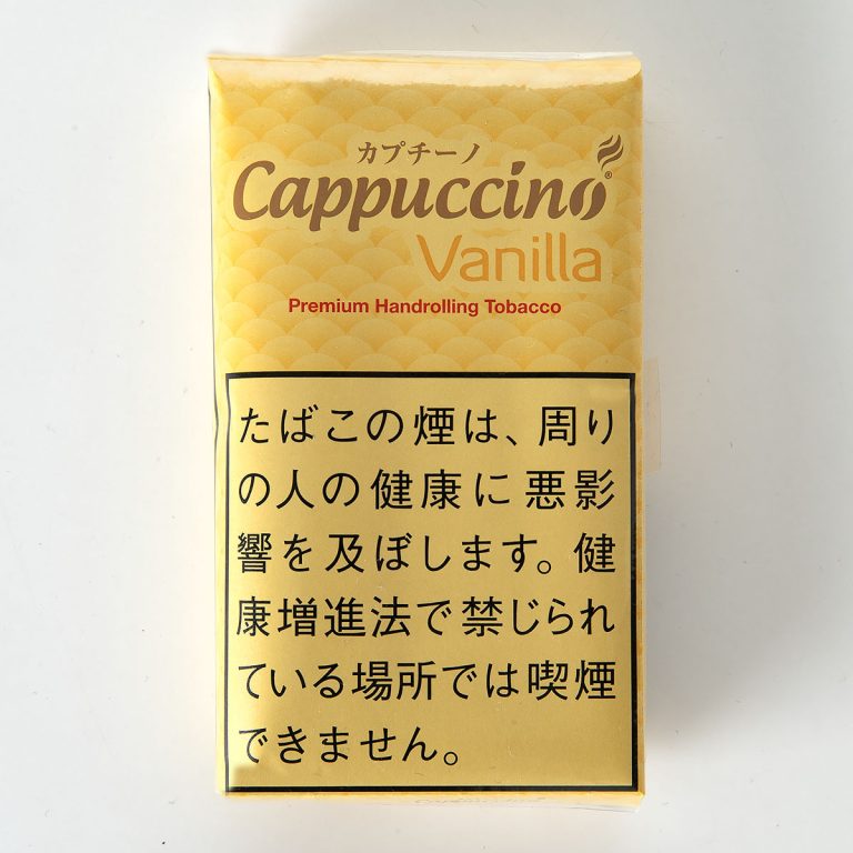 Cappuccino Vanilla 40g参考包装：黄色袋面采用重复弧形纹样，金色斜体品牌字下可见Vanilla