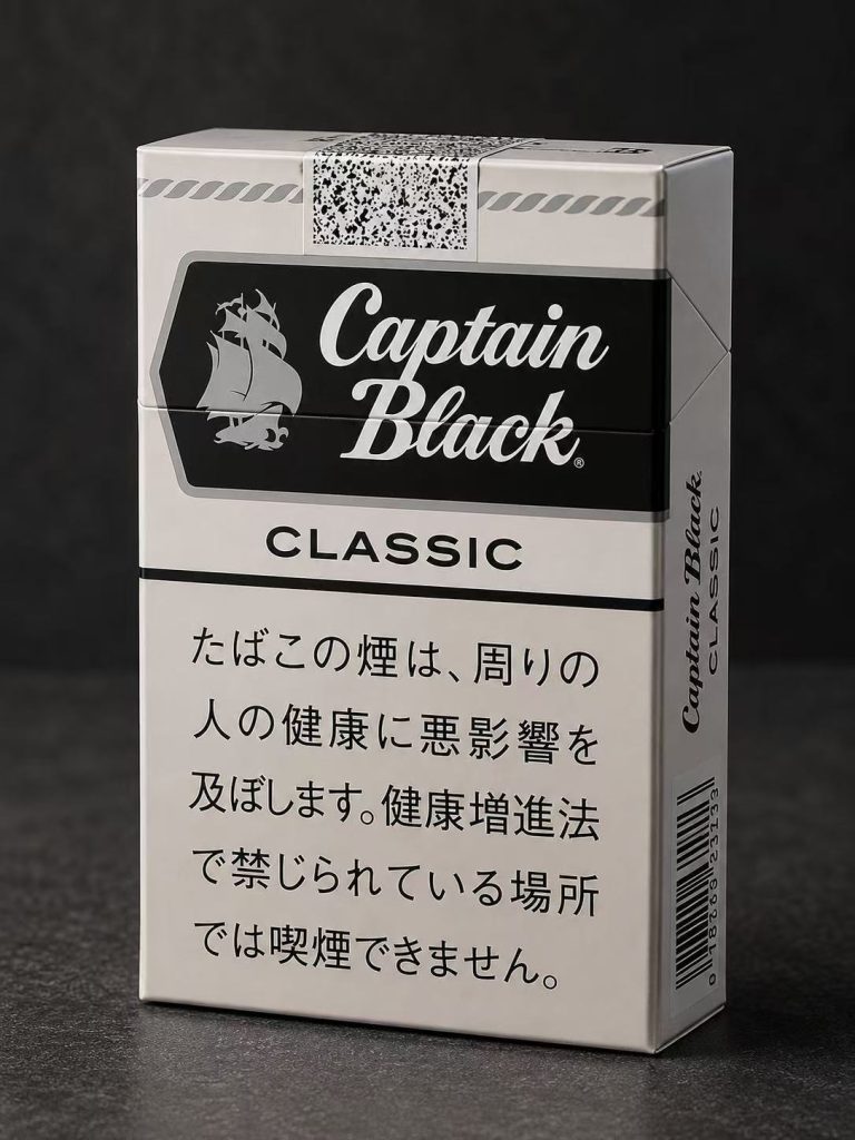 Captain Black Classic Little Cigars参考包装:白色盒面以黑色船形横标、CLASSIC字样及顶部二维码区域构成