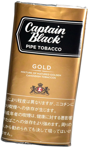 Captain Black Gold 烟斗袋装包装参考图：金色袋面与黑色品牌牌形区。