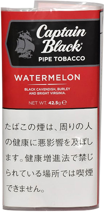 Captain Black Pipe Watermelon 42.5g参考包装:红色袋上部为黑色船形横标,WATERMELON与42.5g列于下方