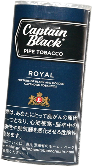 Captain Black Royal 烟斗袋装包装参考图：深蓝色袋面与黑色品牌牌形区。