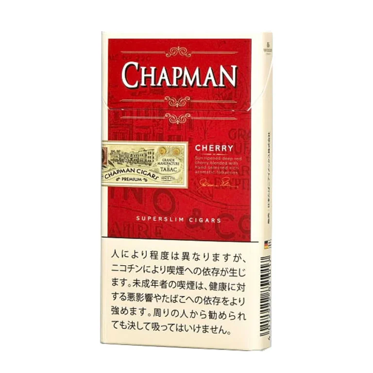 Chapman Superslim Cherry参考包装:红色长盒中框列CHAPMAN字样、街景线描及CHERRY、SUPERSLIM CIGARS文字