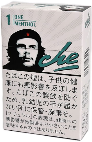 Che One Menthol参考包装：白色盒面左上为1与ONE MENTHOL，绿色Che字样与头像交叠