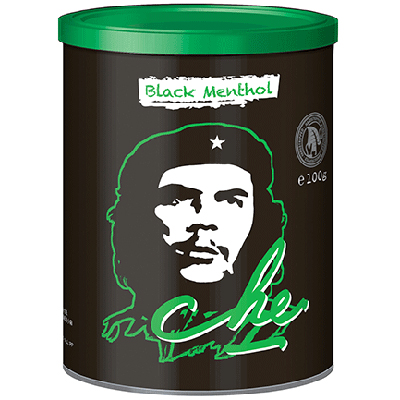 Che Shag Black Menthol 100g罐参考包装：黑色圆罐配绿色盖子，Black Menthol白色标签与绿色Che相邻，100g可辨