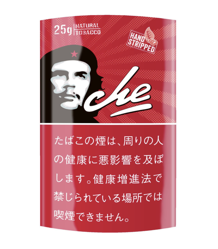 Che Shag Original 25g参考包装：红色袋面左上写25g与NATURAL TOBACCO，白色手写Che横跨头像，另见HAND STRIPPED