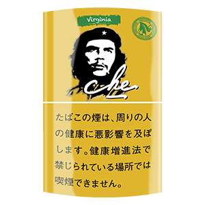 Che Shag Virginia 25g参考包装：金黄色袋面有绿色Virginia标签，黑白头像下叠加白色手写Che