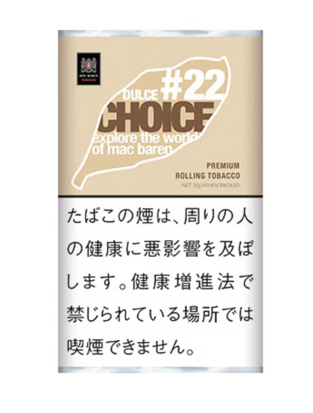 Choice Dolce Caramel Vanilla 30g参考包装：米色袋面，叶形框内写DOLCE及#22，警示区为白底