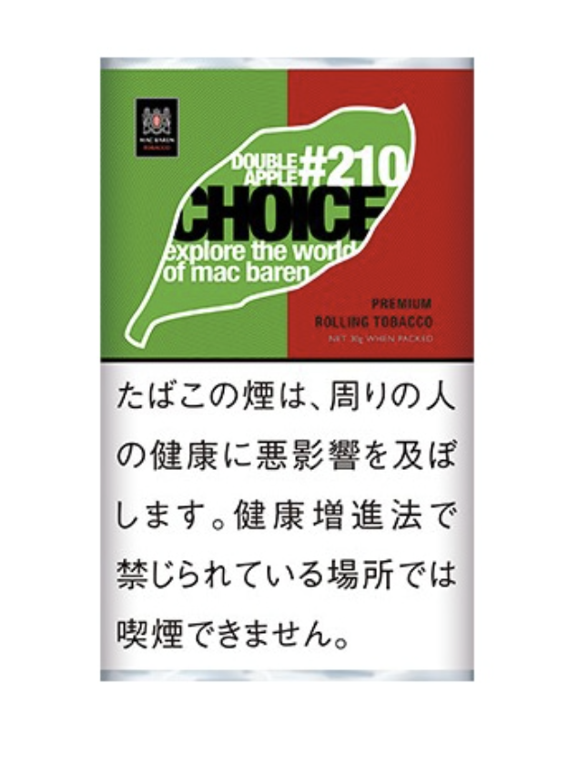 Choice Double Apple 30g参考包装：绿色与红色左右分区，叶形框内写DOUBLE APPLE及#210