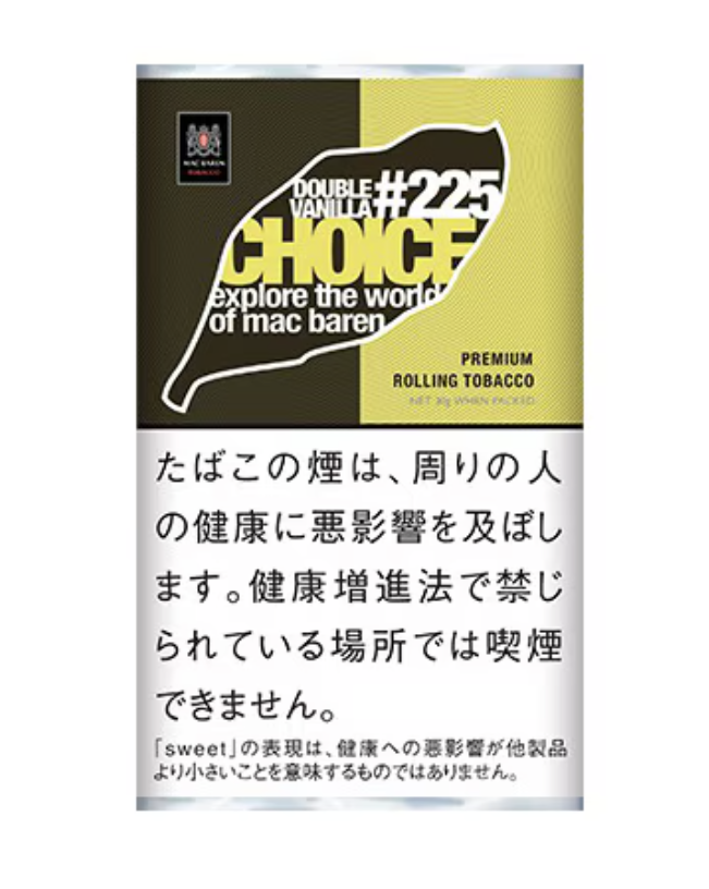 Choice Double Vanilla 30g参考包装：黑色与黄绿色左右分区，DOUBLE VANILLA与#225位于叶形框内