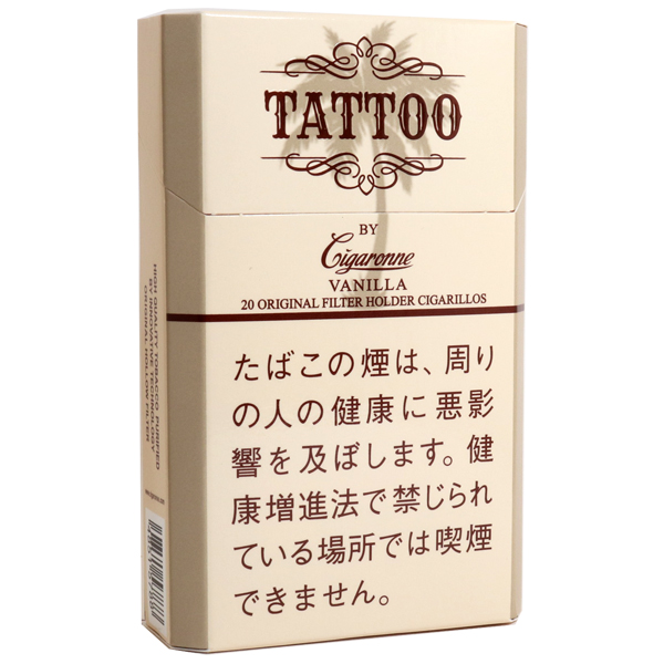 Cigaronne Tattoo Vanilla参考包装:米色竖盒上为TATTOO装饰字、卷曲线条与VANILLA,下方可读20