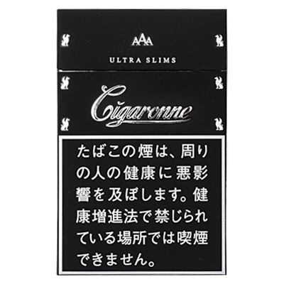 Cigaronne Ultra Slims Black参考包装：黑色盒面上有ULTRA SLIMS字样，Cigaronne与白色花形标志上下排列