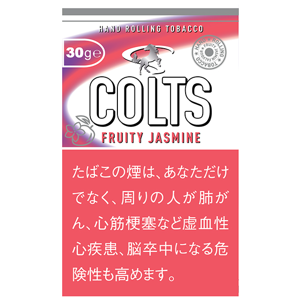 Colts Fruity Jasmine 30g参考包装：粉白渐变袋面有FRUITY JASMINE和马形标识，左上30g清晰