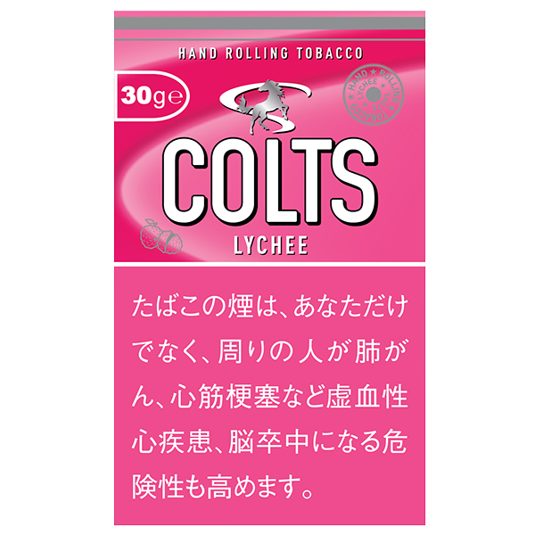 Colts Lychee 30g参考包装：粉色袋面以COLTS大字为中心，下方为LYCHEE，左上标30g