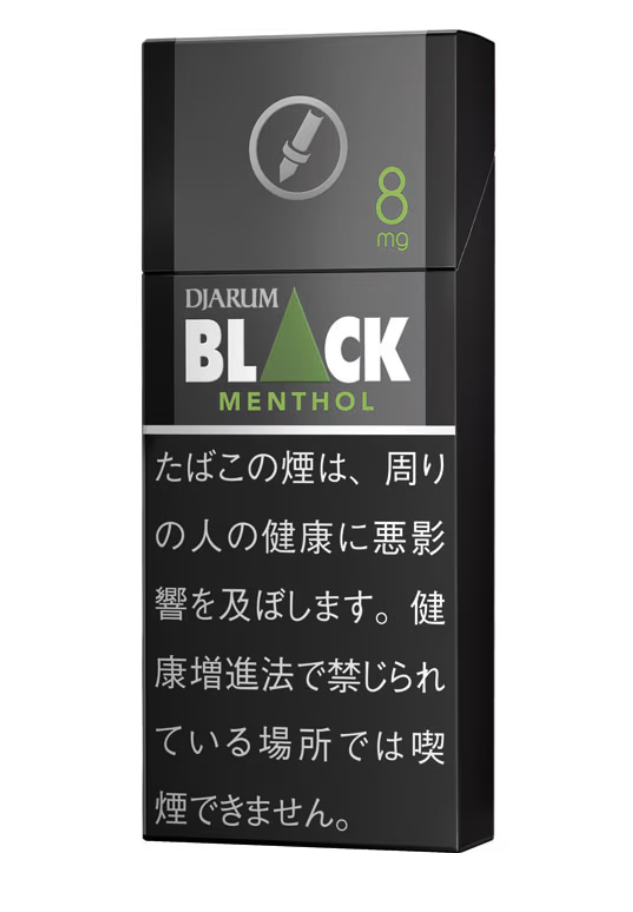 Djarum Black Menthol 8包装参考图：上区，圆形标志与8 mg。