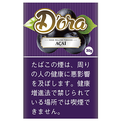 Dora Acai 30g参考包装：紫色细竖纹底，深色果实与绿叶围绕白色AÇAÍ标签，右侧写30g