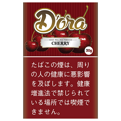 Dora Cherry 30g参考包装：深红细竖纹袋面，樱桃图形围绕白色CHERRY标签，右侧圆点写30g