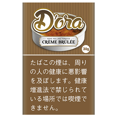 Dora Creme Brulee 30g参考包装:棕色细竖纹袋面,Dora字标下有白碗图形,标签写CRÈME BRÛLÉE,右侧圆点标30g