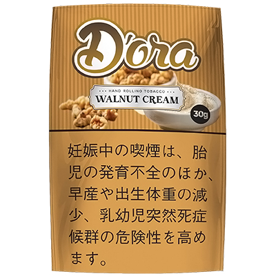 Dora Walnut Cream 30g参考包装：棕色细竖纹袋面，核桃与白碗图形环绕WALNUT CREAM，圆点标30g