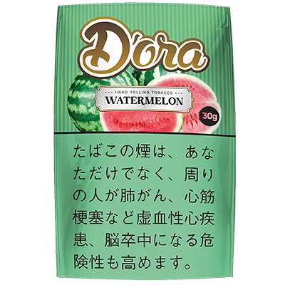 Dora Watermelon 30g参考包装：绿色细竖纹底，西瓜切片围绕WATERMELON标签，右侧圆点写30g