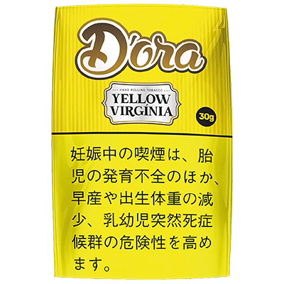 Dora Yellow Virginia 30g参考包装：黄色细竖纹袋面，白色框内分两行写YELLOW VIRGINIA，黑圆点标30g
